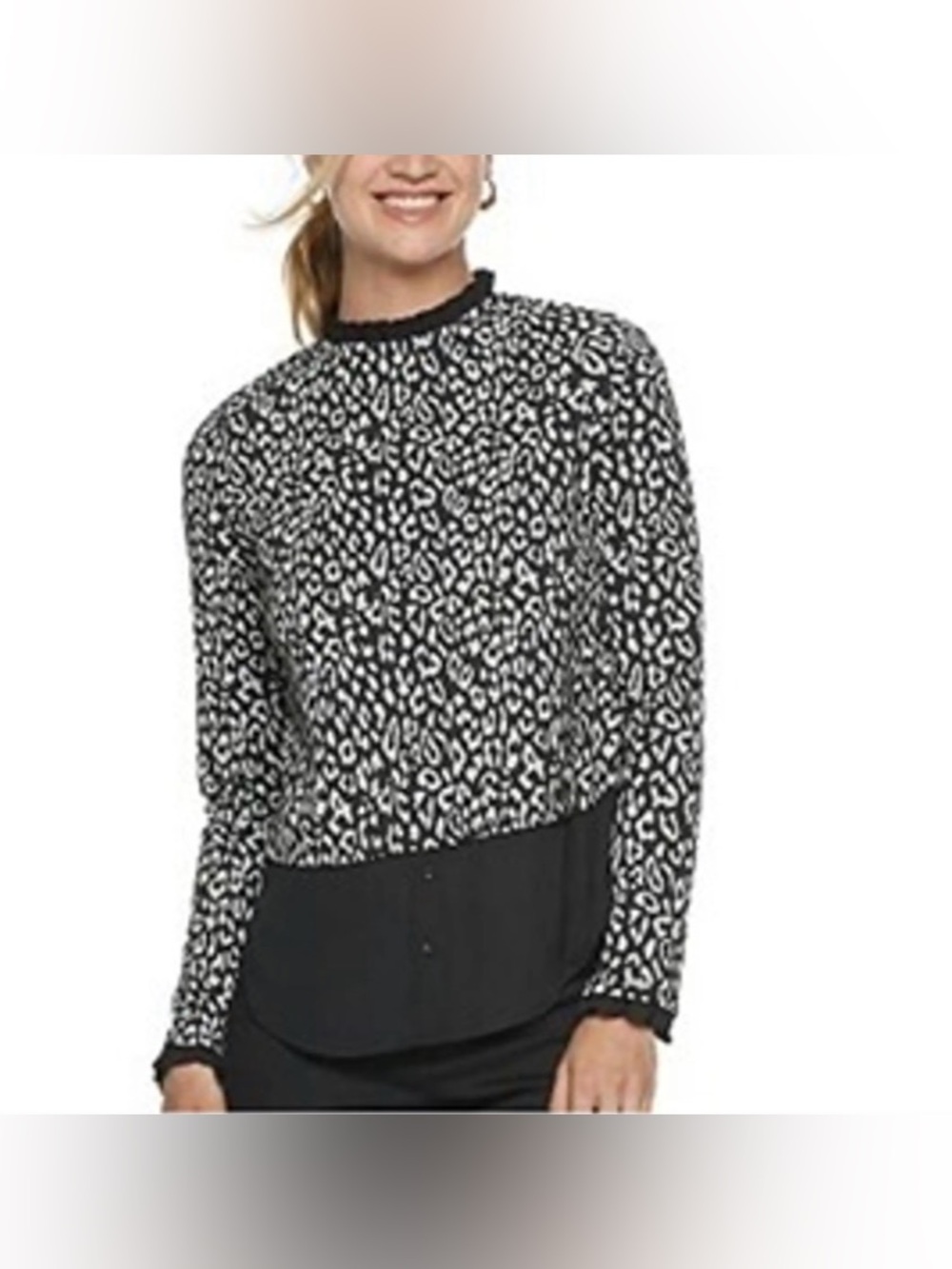Elle Black and White Leopard Print Layered Long Sleeve Top with Ruffle Trim
